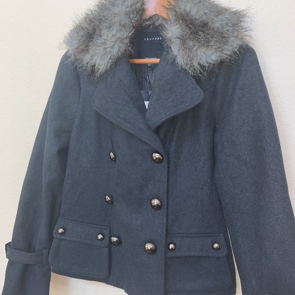 Therapy By Lane Crawford Gray Wool Faux Fur Coat B2/1 - Picture 2 of 12